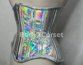 Holographic PVC Corset: Steel Boned Rave Shiny Vinyl Party Corset Waist Cincher