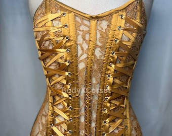 ゴールドレース コルセットトップ：スチールボーン入り ヴィクトリアン スチームパンク ビスチェ