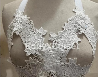 Bridal Lace Halter Bralette – White Floral Embroidered Lingerie Top | Wedding Festival Bra | Handmade Lace Crop Top for Boudoir & Boho Bride