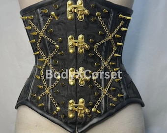 Black Gothic Corset: Gold Chains, Steampunk Waist Cincher