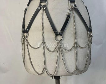 Faux Leather Body Chain Harness: Gothic Rave Cage Belt with Silver Chains