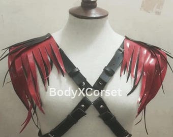 Red & Black Fringe Shoulder Harness: Cosplay Rave Leather Epaulets
