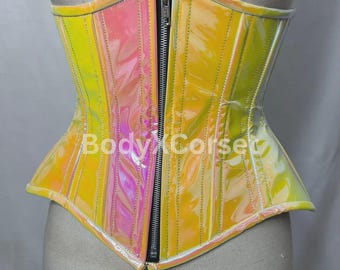 Gul holografisk PVC-korsett: Stålbenad Rave Cyberpunk-topp