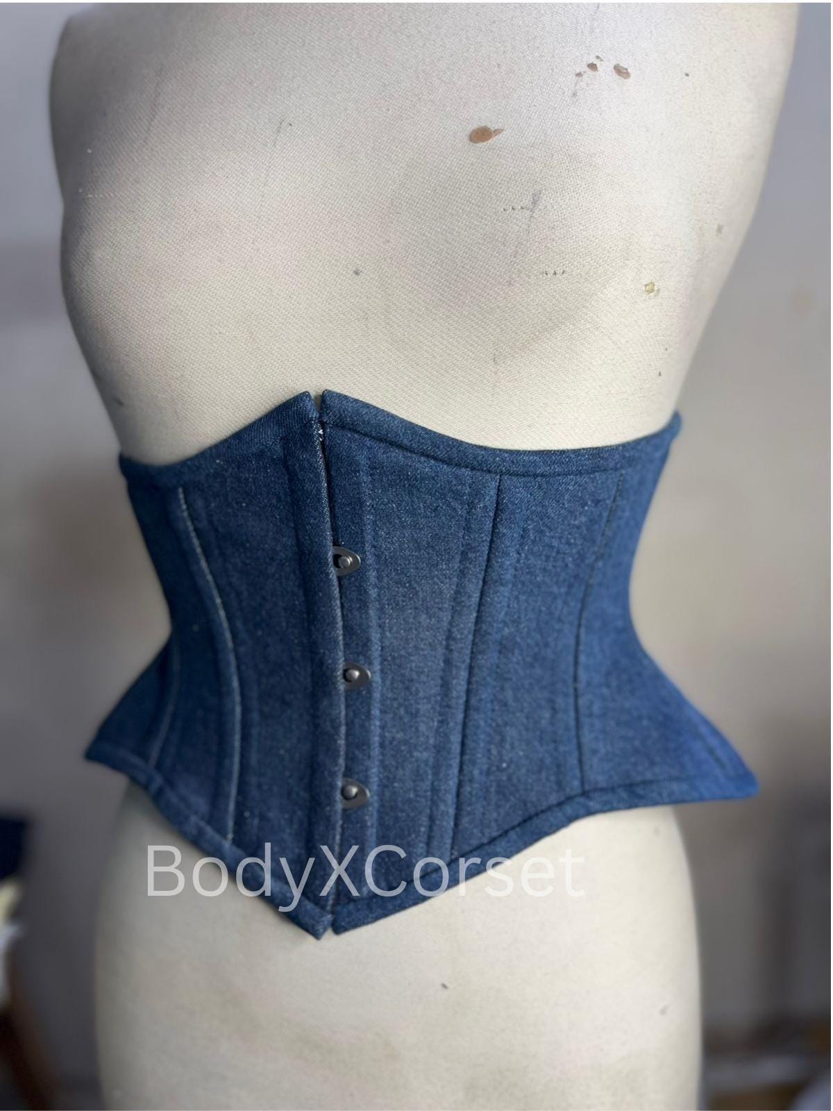 Steel boned denim blue jeans underbust corset sexy shapewear bra size 32 Medium Blue Denim Waist Cincher – Waist Trainer Corset with Front  main image 3