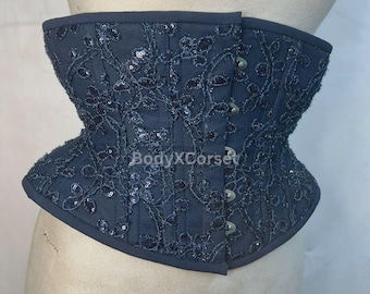 Navy Sequin Embroidered Corset: Gothic Steel Boned Waist Cincher
