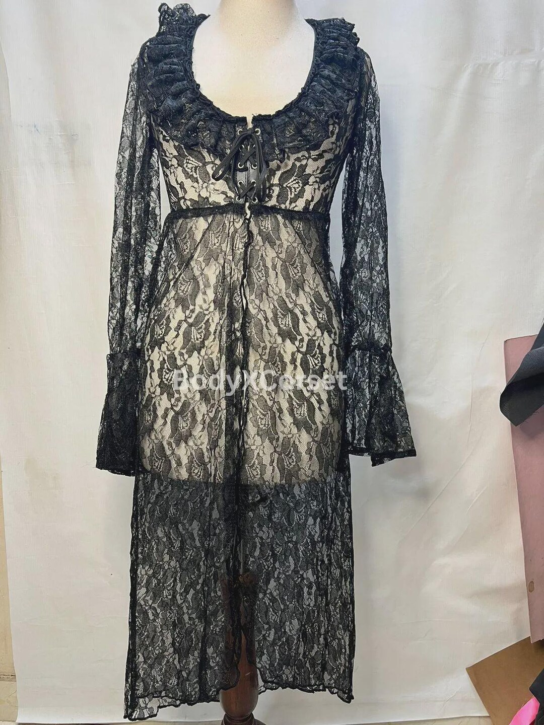 Black Lace Maxi Robe Dress | Gothic Ruffled Bell Sleeve Lingerie Cover ...