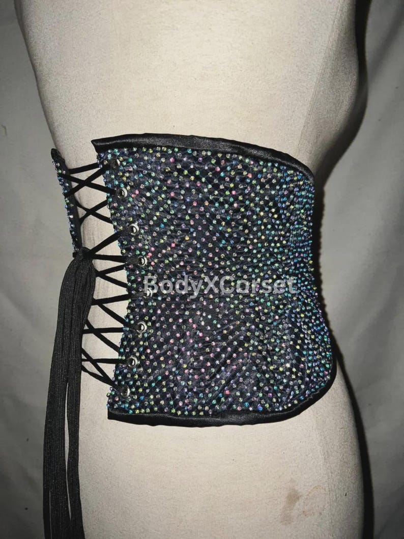 Rhinestone Corset: Black Gothic Underbust Waist Trainer - Rave Festival ...