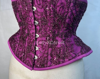 Lila paljettbroderad korsett under byst: Stålbenad gotisk burlesktopp