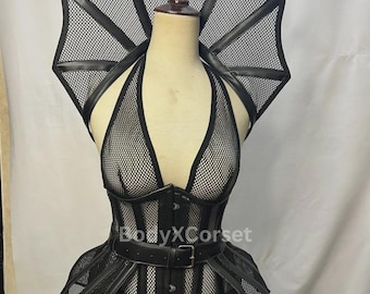 ゴシックメッシュ ケージコルセット ファンカラー付き アバンギャルド バーレスク ウエストシンチャー ファンタジー フェス衣装 スチームパンク サイバーパンク コスチューム