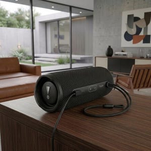 Könnte beinhalten: Ein schwarzer tragbarer JBL Flip 6 Lautsprecher liegt auf einer Holzoberfläche. Der zylindrische Lautsprecher hat eine strukturierte Stoffaußenseite, einen schwarzen Lautsprechergrill und ein Ladekabel. Der Lautsprecher ist an eine Stromquelle angeschlossen.