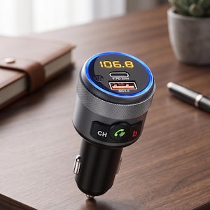 May include: A black and silver car Bluetooth FM transmitter with a circular digital display showing 106.8. The device features a USB-C PD 20W port, an orange USB-A QC3.0 port, a green phone icon button, a CH button, and a red b button.