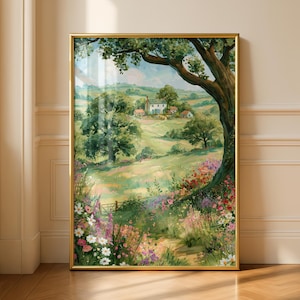 Pode incluir: Uma pintura de paisagem emoldurada apresentando um prado verde exuberante cheio de flores silvestres coloridas em primeiro plano. Um grande galho de &aacute;rvore arqueia-se sobre a cena, emoldurando uma casa branca distante entre colinas sob um c&eacute;u suave.