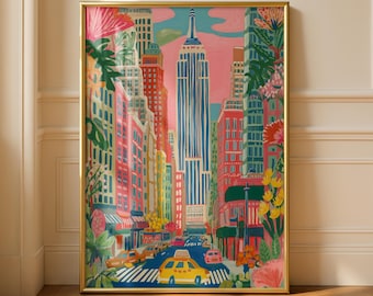 Pode incluir: Uma impressão artística vertical emoldurada que retrata uma cena de rua de Nova Iorque com o Empire State Building ao centro. A ilustração apresenta tons vibrantes de rosa, azul e amarelo, com edifícios estilizados, um táxi amarelo e folhagem floral.