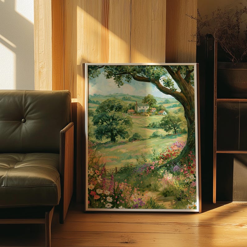 Pode incluir: Uma impress&atilde;o de arte de parede retangular emoldurada apresentando uma pintura de paisagem de um campo verde com uma pequena casa, &aacute;rvores grandes e um primeiro plano cheio de flores silvestres coloridas sob um c&eacute;u suave, em uma moldura branca fina.