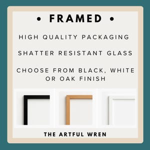 Pode incluir: Um gr&aacute;fico de informa&ccedil;&otilde;es de produto emoldurado com o texto FRAMED, HIGH QUALITY PACKAGING, SHATTER RESISTANT GLASS, CHOOSE FROM BLACK, WHITE OR OAK FINISH e THE ARTFUL WREN. Tr&ecirc;s amostras de cantos mostram acabamentos em preto, carvalho e branco.