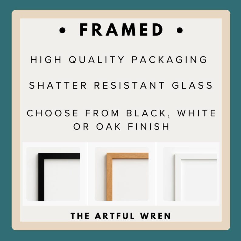 Pode incluir: Um gr&aacute;fico de informa&ccedil;&otilde;es de produto emoldurado com o texto FRAMED, HIGH QUALITY PACKAGING, SHATTER RESISTANT GLASS, CHOOSE FROM BLACK, WHITE OR OAK FINISH e THE ARTFUL WREN. Tr&ecirc;s amostras de cantos mostram acabamentos em preto, carvalho e branco.