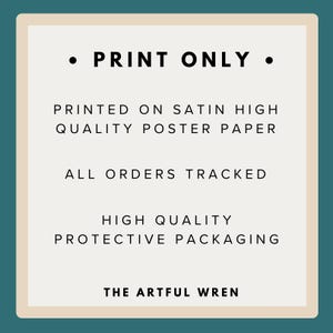 Pode incluir: Uma placa retangular com borda verde-azulada e centro creme com texto preto que diz: PRINT ONLY, PRINTED ON SATIN HIGH QUALITY POSTER PAPER, ALL ORDERS TRACKED, HIGH QUALITY PROTECTIVE PACKAGING e THE ARTFUL WREN na parte inferior.