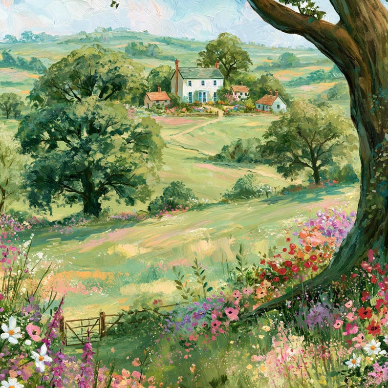 Pode incluir: Uma pintura a &oacute;leo de uma paisagem verdejante e ondulada com uma casa branca com chamin&eacute;, rodeada por &aacute;rvores e um prado cheio de flores silvestres coloridas. Um grande tronco de &aacute;rvore emoldura o lado direito e um pequeno port&atilde;o de metal est&aacute; em primeiro plano.