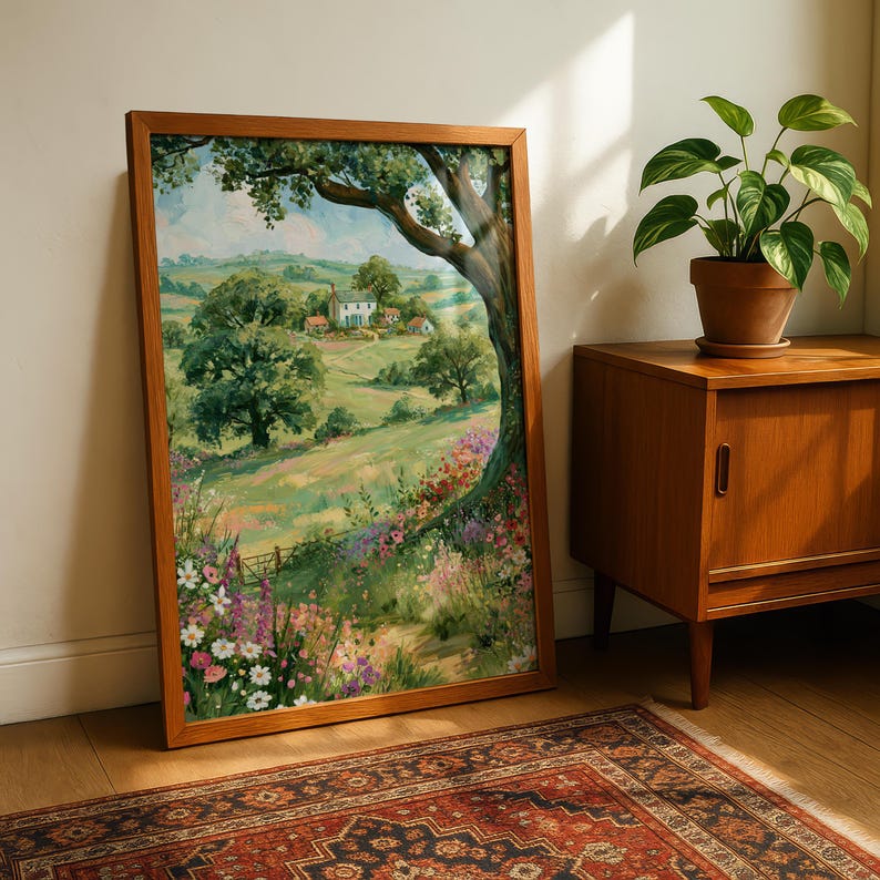 Pode incluir: Uma pintura de paisagem emoldurada apresentando uma paisagem verdejante com uma pequena casa ao longe, emoldurada por um grande galho de &aacute;rvore em primeiro plano e um prado vibrante cheio de flores silvestres rosas, brancas e roxas.