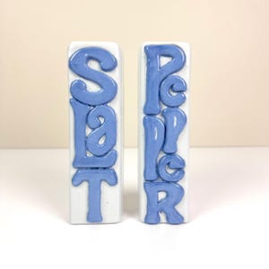 Vintage Handmade Ceramic Salt & Pepper Shakers / Funky Retro Kitchen Decor / Maximalist Tableware / Blue Typography Studio Pottery