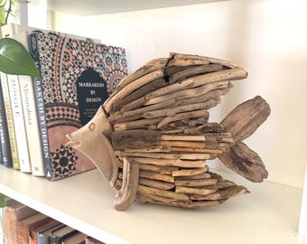 Handmade Driftwood Fish Sculpture / Rustic Coastal Beach Art / Nautical Shelf Decor / Unique Home Accent