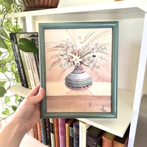 Textured Mixed Media Floral Pot Painting / 90's Vintage Original Signed Art / Southwestern Desert Framed Wall Art