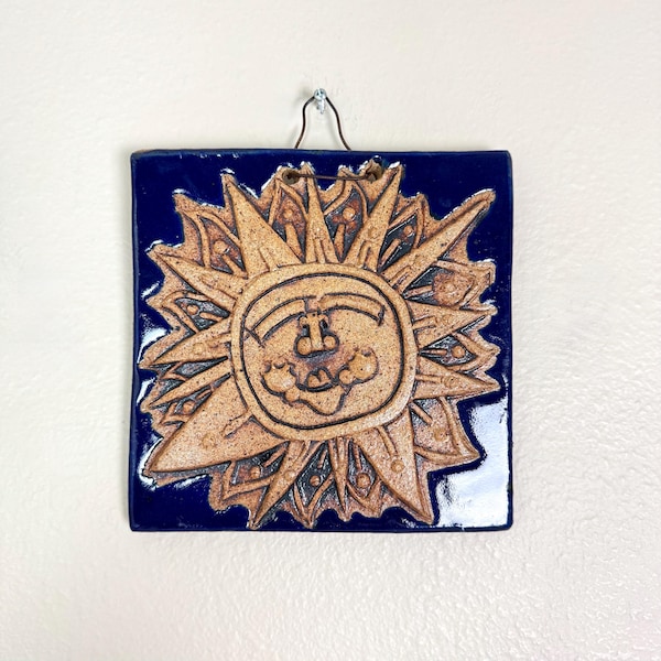 Vintage Ceramic Sun Face Wall Hanging Tile / Mid Century Modern Pottery Plaque / Celestial Boho Wall Decor / Whimsical Blue Glazed Art Tile