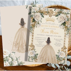Peut inclure: Invitation de Quinceañera avec une illustration à l'aquarelle d'une jeune femme en robe dorée. L'invitation comprend le texte "Olivia Maria" et les détails de l'événement, entourés d'éléments floraux et dorés.