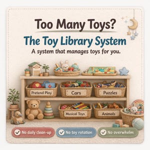 May include: An advertisement for a toy storage system. A wooden shelf displays labeled baskets for toys, such as pretend play, cars, puzzles, musical toys, and animals. The text reads "Too Many Toys? The Toy Library System".