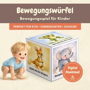 Puede incluir: Un cubo colorido con ilustraciones de un canguro, una rana y un elefante, con el texto "Bewegungswürfel" y "Bewegungsspiel für Kinder". El cubo está diseñado para niños e incluye las palabras "Digital Download."