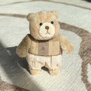 Puede incluir: Un pequeño oso de peluche de color marrón claro y textura difusa con ojos de cuentas negras y nariz bordada. El oso lleva un chaleco de cuadros beige y marrón sobre unos pantalones de tela fruncida de color crema claro hasta los pies.
