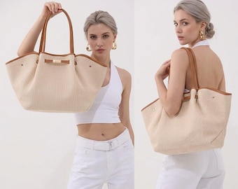 Raffia Tote, Woven Straw Shoulder Bag, French Summer Handbag, Beach Vacation Tote