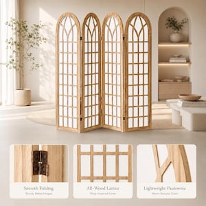 May include: A four-panel room divider featuring a light-toned wood frame with an arched top and a grid-like lattice pattern. The screen includes sturdy metal hinges for folding, an all-wood construction, and a visible natural wood grain texture.
