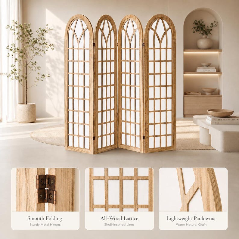 May include: A four-panel room divider featuring a light-toned wood frame with an arched top and a grid-like lattice pattern. The screen includes sturdy metal hinges for folding, an all-wood construction, and a visible natural wood grain texture.