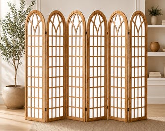 Separador de ambientes estilo Shoji japonés, biombo de madera con celosía arqueada para mayor privacidad.