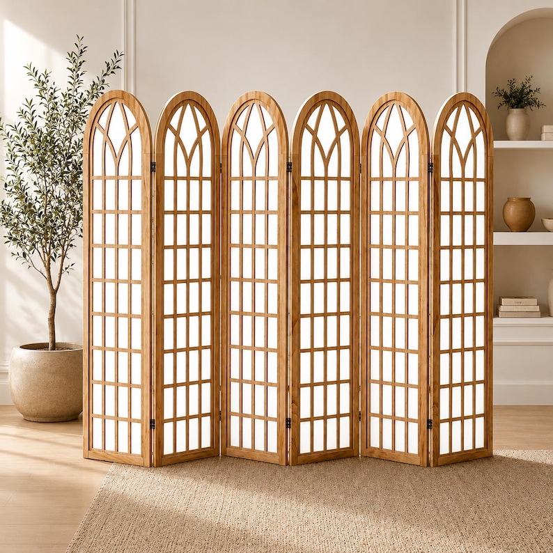 May include: A six-panel room divider featuring a light brown wooden frame with a grid pattern and arched tops. Each panel consists of a series of rectangular openings arranged in a vertical grid, topped by a curved arch design with a central vertical bar.