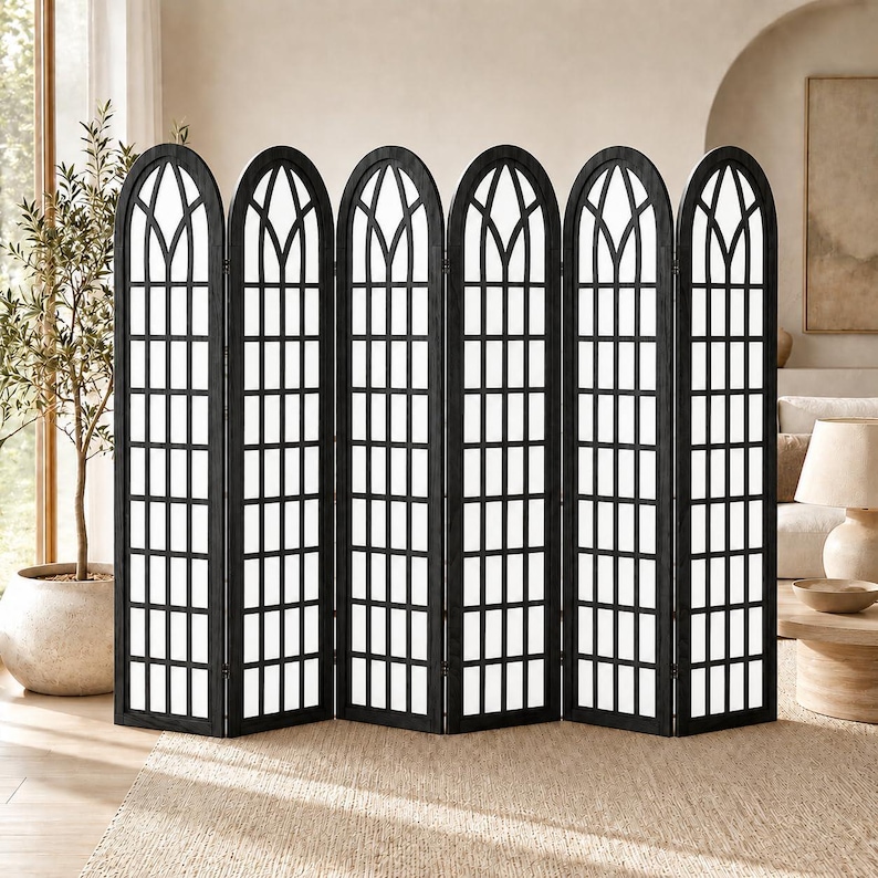 Japanese Shoji Style Room Divider, Arched Lattice Wooden Privacy Screen image 4