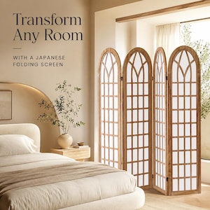 May include: A four-panel folding screen with a light brown wooden frame and arched tops. Each panel features a grid pattern with white translucent inserts. The text "Transform Any Room WITH A JAPANESE FOLDING SCREEN" is visible in the upper left corner.