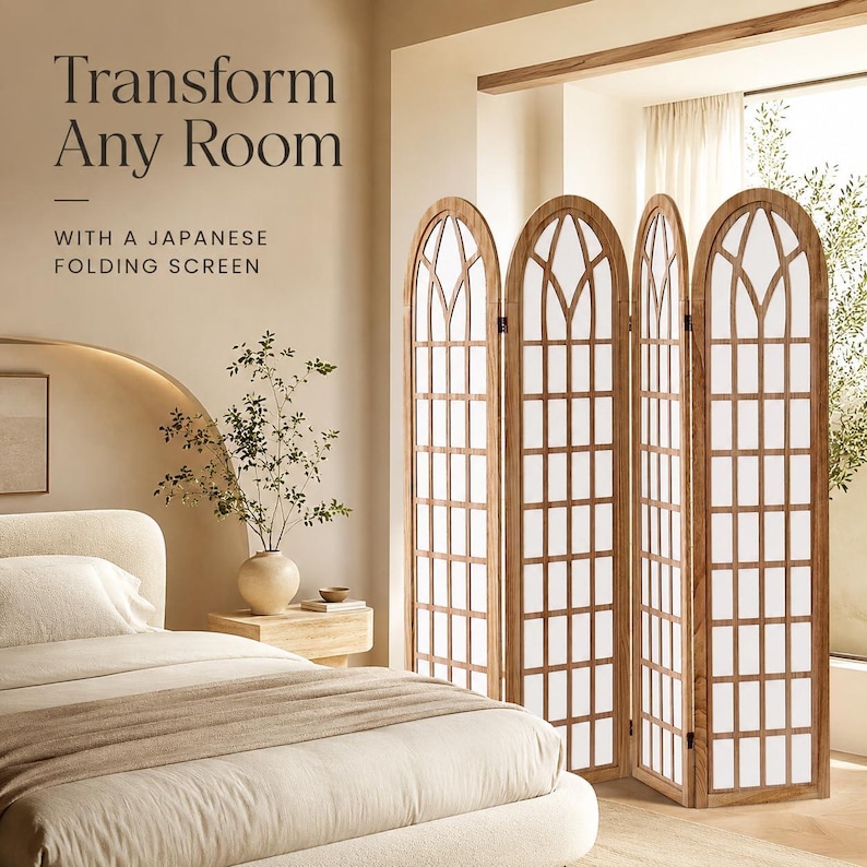 May include: A four-panel folding screen with a light brown wooden frame and arched tops. Each panel features a grid pattern with white translucent inserts. The text "Transform Any Room WITH A JAPANESE FOLDING SCREEN" is visible in the upper left corner.