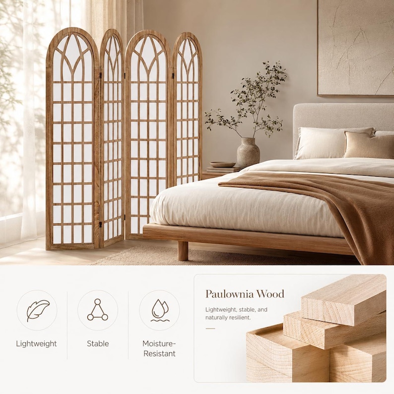 May include: A four-panel room divider made of light brown wood with an arched top and a grid pattern. The divider features white panels and is constructed from Paulownia wood, which is described as lightweight, stable, and moisture-resistant.
