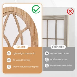 May include: A comparison graphic showing a curved paulownia wood frame labeled Ours with a green checkmark, contrasted against a rectangular frame labeled Others with a red x. Text lists features including lightweight paulownia and all-wood framing.
