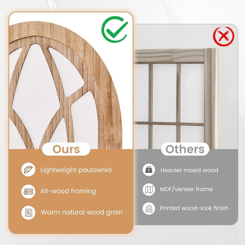 May include: A comparison graphic showing a curved paulownia wood frame labeled Ours with a green checkmark, contrasted against a rectangular frame labeled Others with a red x. Text lists features including lightweight paulownia and all-wood framing.