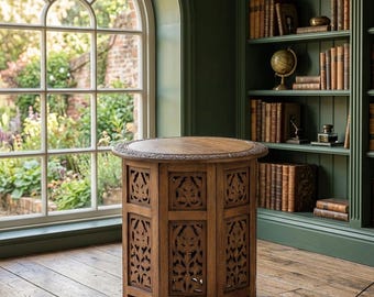 Hand Carved Mango Wood Round Accent Table – Boho Folding Panels
