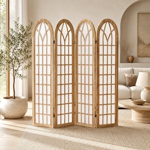 May include: A four-panel folding room divider constructed from light-toned wood. Each panel features an arched top with a grid-like lattice design and white fabric inserts. The structure is freestanding and consists of four hinged sections.
