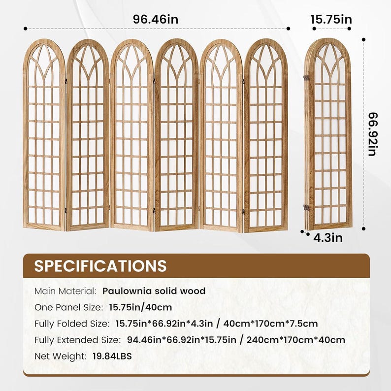 May include: A six-panel room divider made of light brown Paulownia wood with an arched top and a grid pattern. The fully extended width is 96.46 inches, height is 66.92 inches, and the folded depth is 4.3 inches, weighing 19.84 pounds.