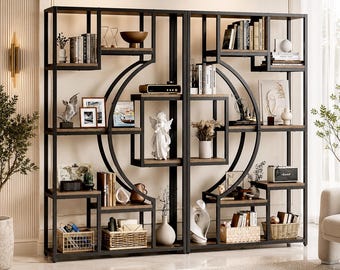 Tall Geometric Iron Bookcase, Modernist Display Shelving Set, Living Room Bookshelf