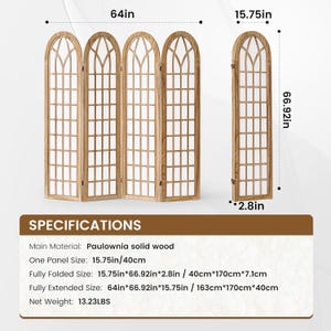 May include: A four-panel room divider made of light-colored Paulownia solid wood with an arched top and a grid pattern. The fully extended width is 64 inches, with a height of 66.92 inches, a panel width of 15.75 inches, and a depth of 2.8 inches.