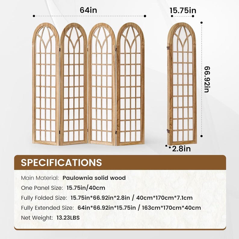 May include: A four-panel room divider made of light-colored Paulownia solid wood with an arched top and a grid pattern. The fully extended width is 64 inches, with a height of 66.92 inches, a panel width of 15.75 inches, and a depth of 2.8 inches.