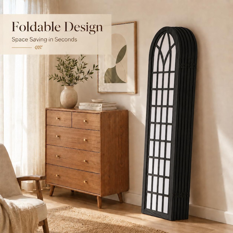 Japanese Shoji Style Room Divider, Arched Lattice Wooden Privacy Screen image 11