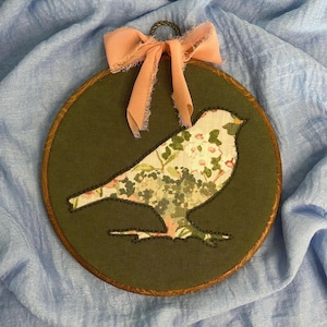 Hand-Embroidered Silhouette Bird Hoop Art Reverse Applique Floral Woodland Cottagecore Textile Wall Hanging